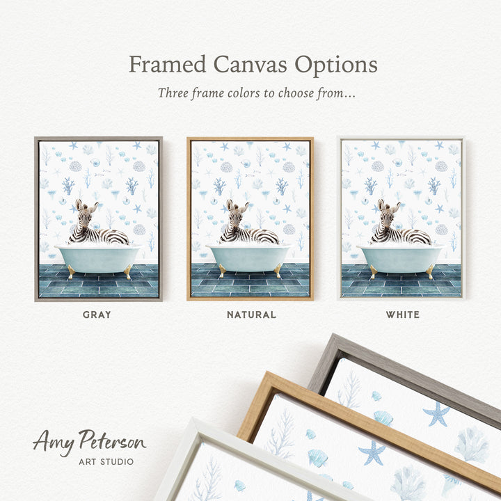 three framed canvas options featuring a zebra sitting in a bathtub, with each option having a different frame color: gray, natural, and white.