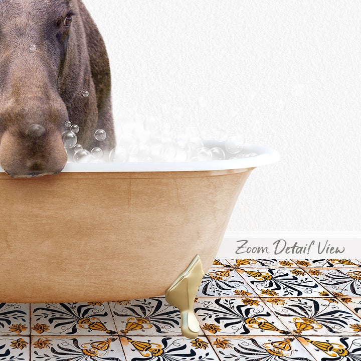 A dog is sitting in a bathtub filled with bubbles, with a patterned tile floor visible in the background.