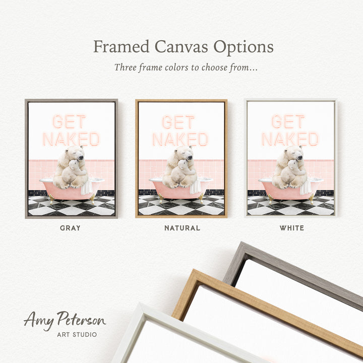 three framed canvas options, each featuring a different color and frame style. The text above the images reads " framed Canvas Options" and "Three frame colors to choose from...". The text below the images reads "NATURAL" and "WHITE". The artist's name, " Amy Peterson ART STUDIO", is displayed at the bottom of the image.