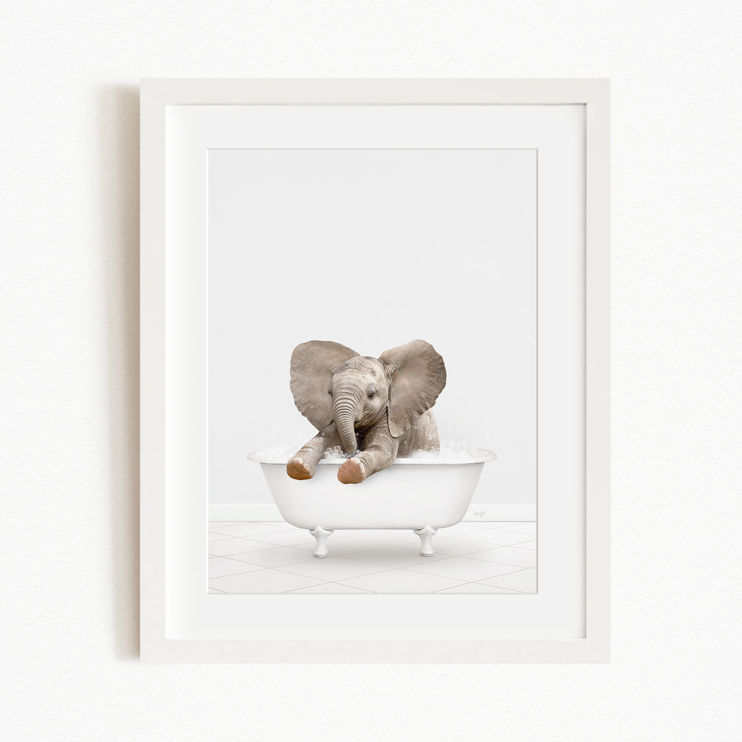 A baby elephant sitting in a white bathtub, with its trunk raised and ears flapping, creating a playful and whimsical scene.