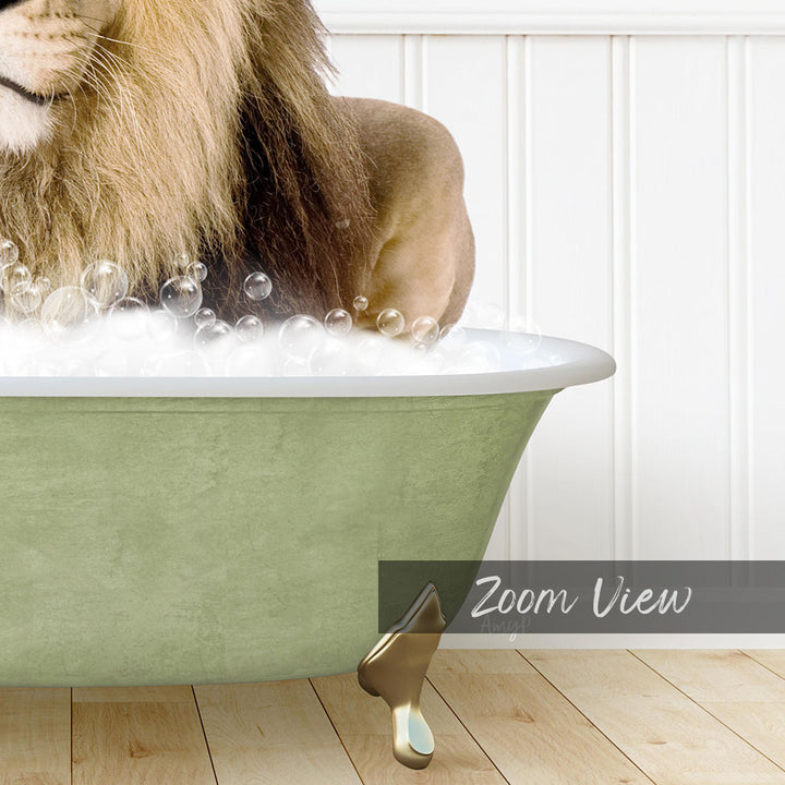 A lion is sitting in a green bathtub filled with bubbles, creating a whimsical and playful scene.