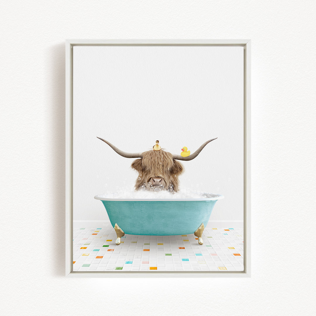 A brown cow with large horns is sitting in a blue bathtub filled with bubbles, surrounded by rubber ducks.