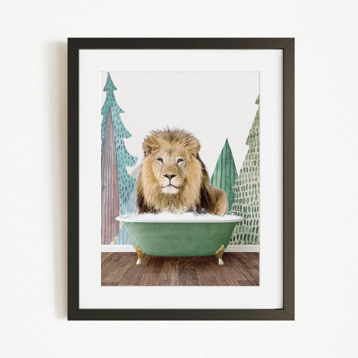 A lion is sitting in a green bathtub, surrounded by trees and a forest-like background.