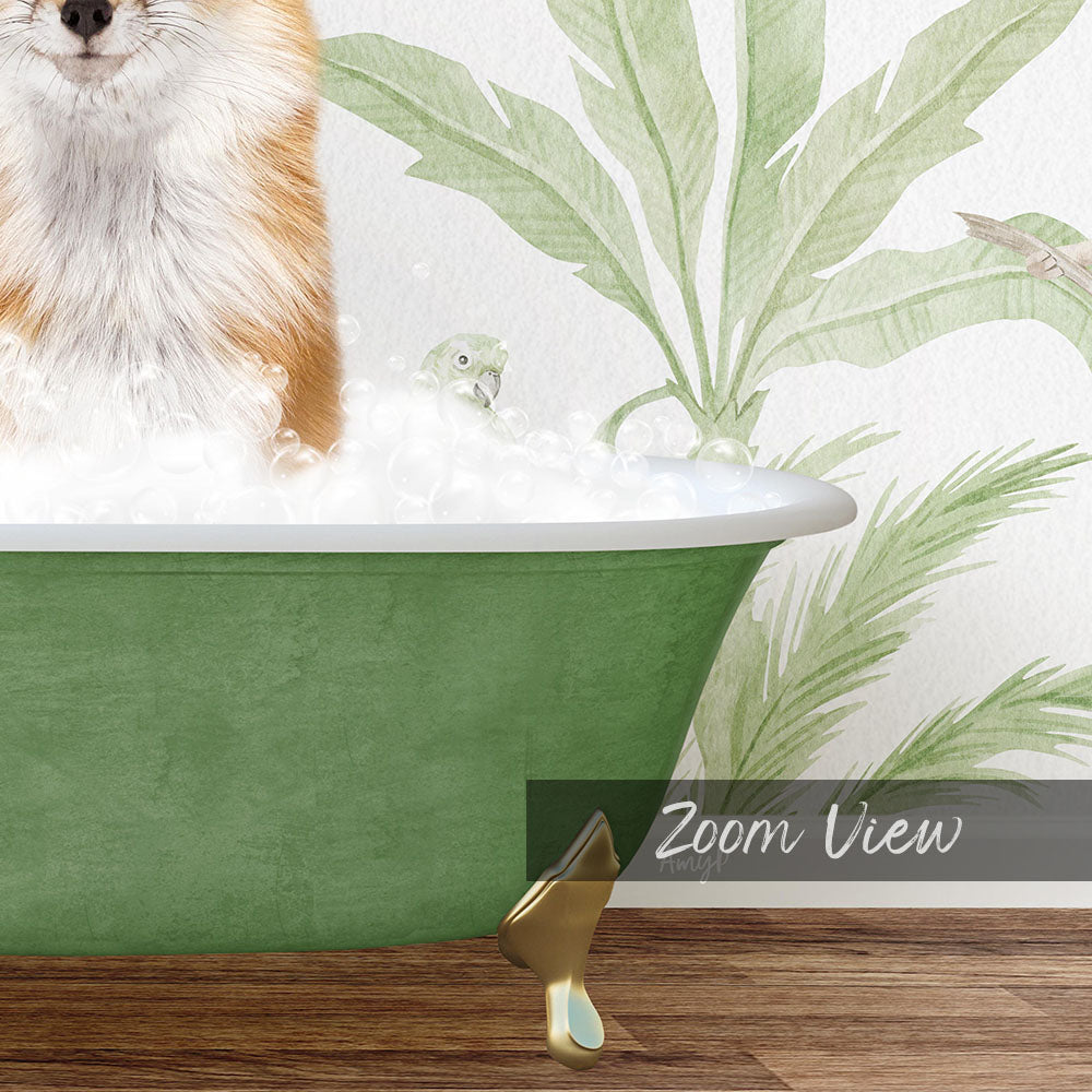 A fluffy orange and white dog is sitting in a green bathtub filled with bubbles, with a bird perched on the edge of the tub.