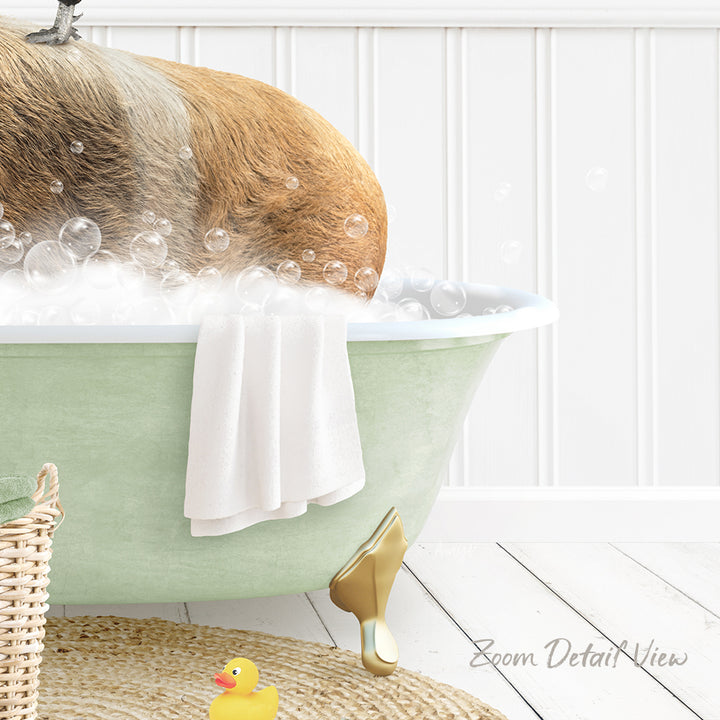 A dog is taking a bath in a green bathtub, surrounded by bubbles and a towel, with a rubber duck nearby.
