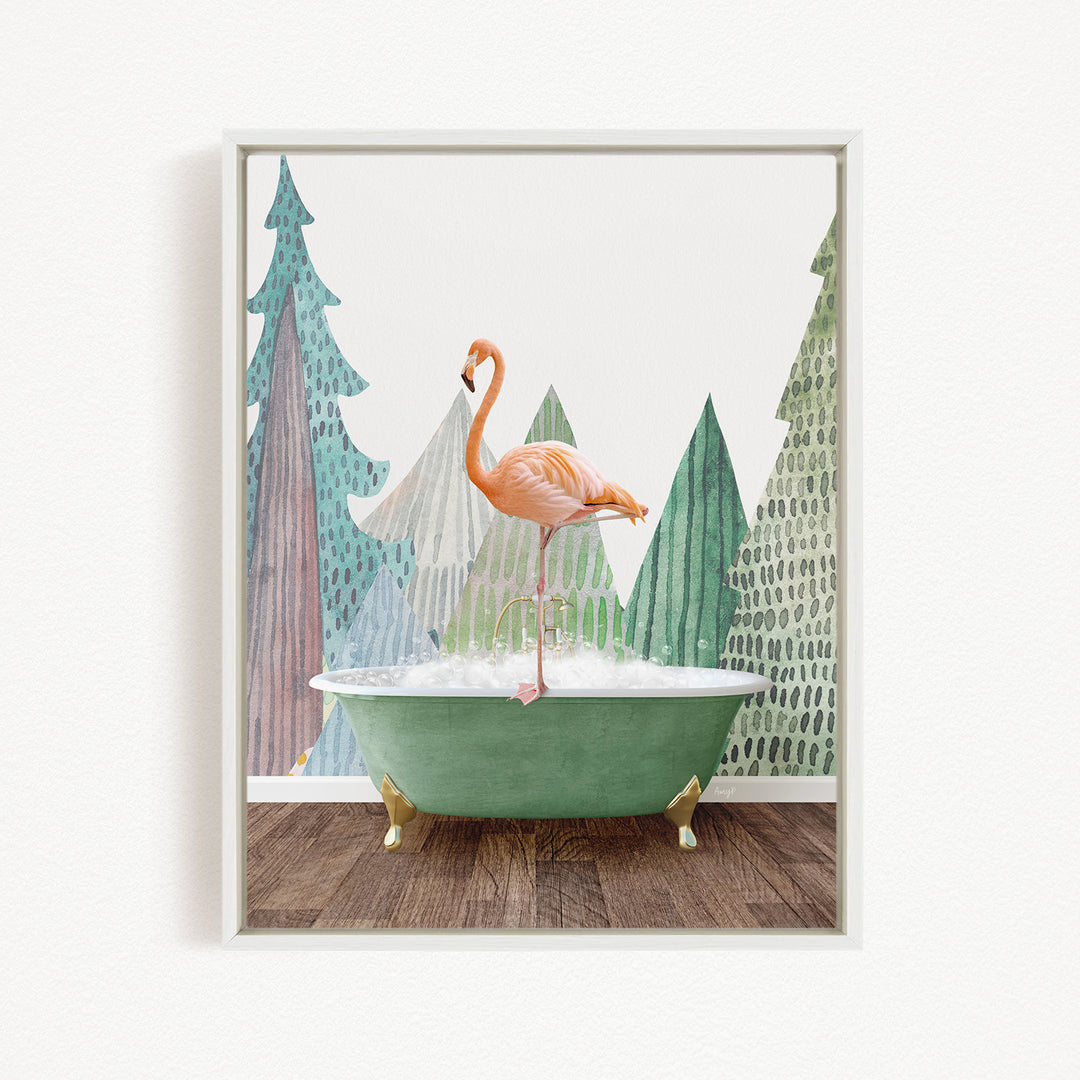 A pink flamingo stands in a green bathtub, surrounded by a forest-themed background with trees and a snowy landscape.