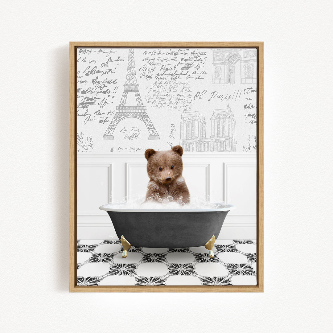 A brown bear sitting in a bathtub filled with water, surrounded by a black and white tiled floor and a wall with various inscriptions and drawings.