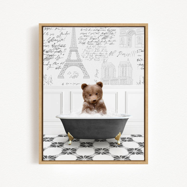 A brown bear sitting in a bathtub filled with water, surrounded by a black and white tiled floor and a wall with various inscriptions and drawings.