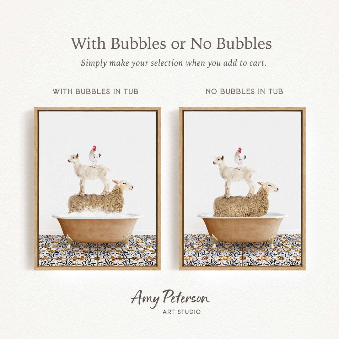 The image is a collage of two framed pictures, each depicting a sheep standing on a tub of bubbles. The text above the images reads "With Bubbles or No Bubbles" and below the images, it says "Simply make your selection when you add to cart."