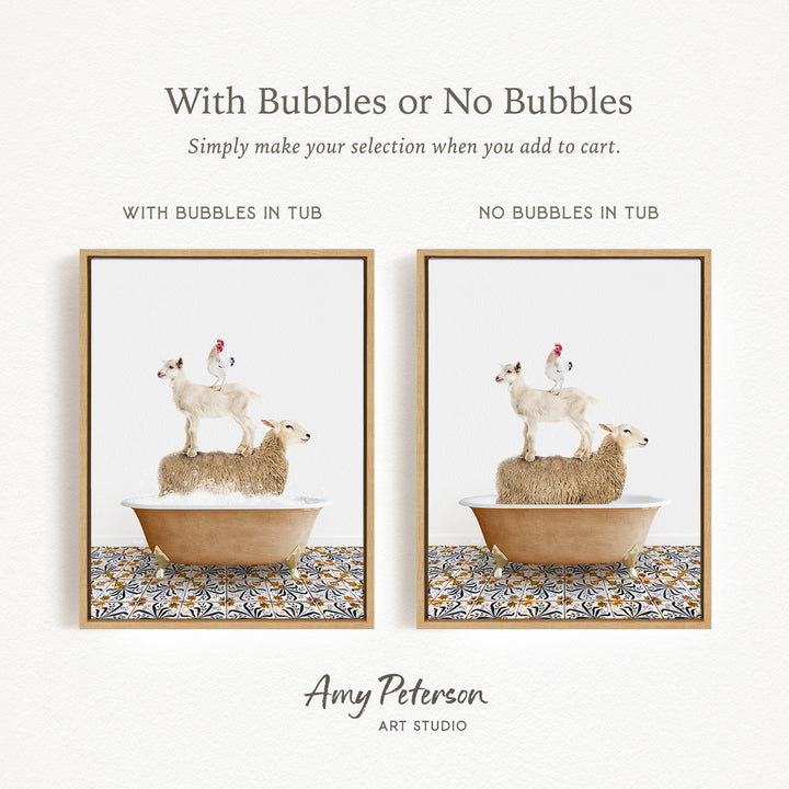 The image is a collage of two framed pictures, each depicting a sheep standing on a tub of bubbles. The text above the images reads "With Bubbles or No Bubbles" and below the images, it says "Simply make your selection when you add to cart."