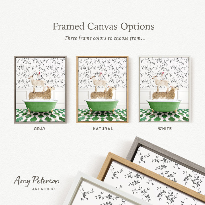 three framed canvas options, each featuring a different color and frame style. The options include a gray frame, a natural frame, and a white frame. The text above the images reads " Framed Canvas Options" and "Three frame colors to choose from...". The text below the images reads "Grays", "Naturals", and "Whites". The artist's name, " Amy Peterson", is also included at the bottom of the image.