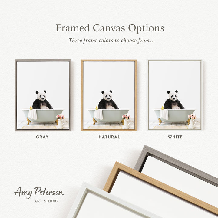 three framed canvas options, each featuring a panda bear in a bathtub, with different frame colors to choose from.