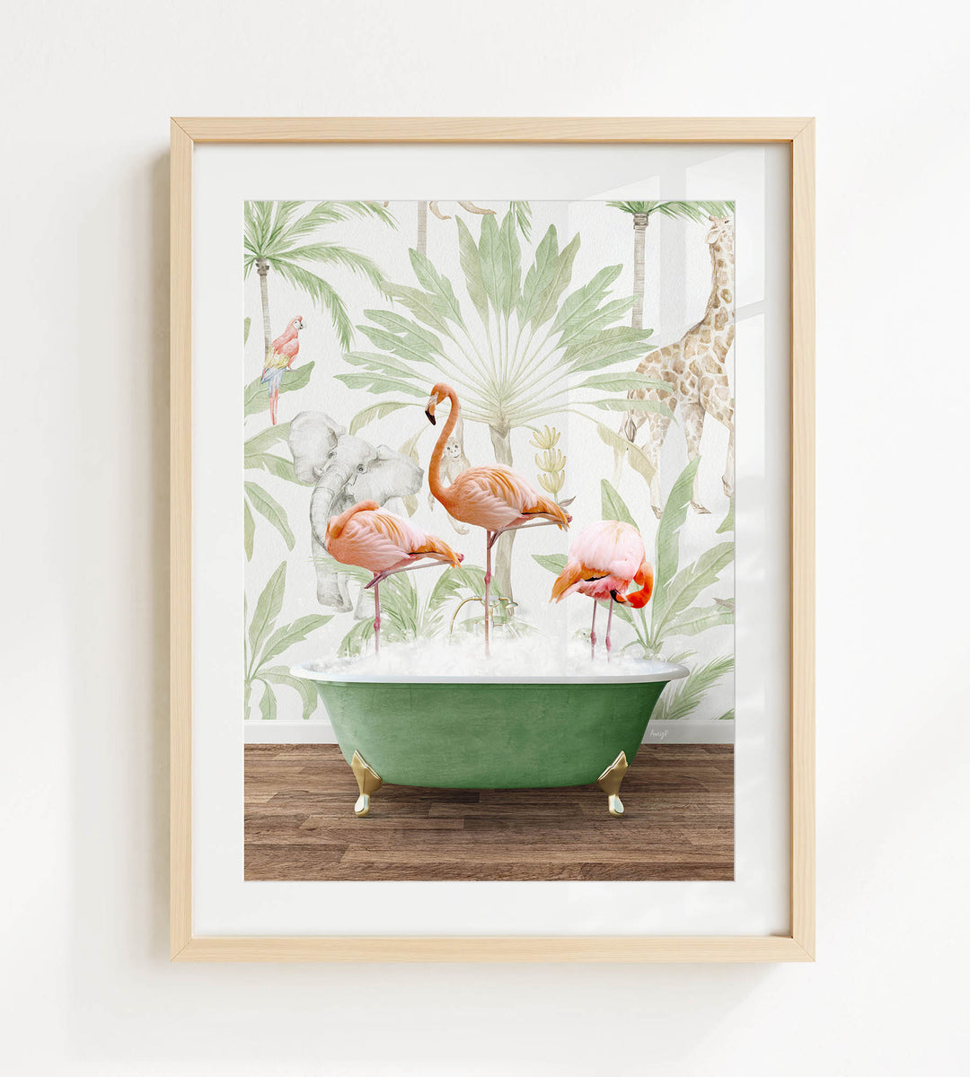 A framed image depicting a green bathtub filled with water, surrounded by three flamingos and a giraffe, set against a tropical wallpaper background.