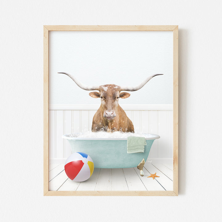 a picture of a cow in a bathtub with a beach ball