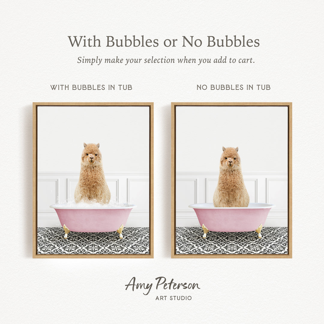 The image is a collage of two pictures, each featuring a dog sitting in a bathtub. The dog in the pink bathtub has bubbles, while the dog in the tub without bubbles is sitting on a patterned rug. The collage is titled "With Bubbles or No Bubbles" and is created by Amy Peterson from Art Studio.