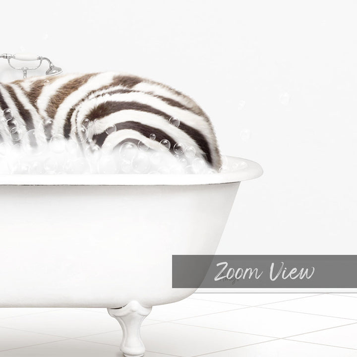A zebra lying in a white bathtub filled with bubbles, as captured in a close-up shot.