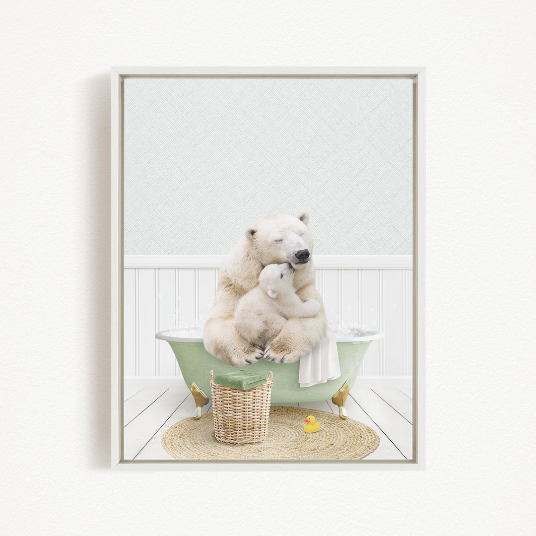 A polar bear sitting in a green bathtub, with a baby bear nestled next to it, in a cozy and whimsical setting.