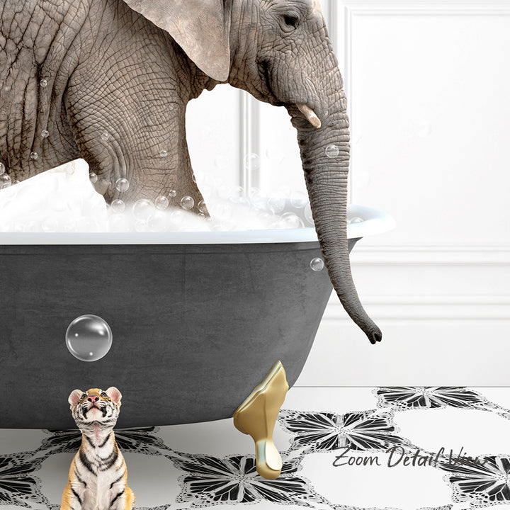 A large elephant is bathing in a bathtub, with a tiger standing nearby and a gold shoe placed on the floor.
