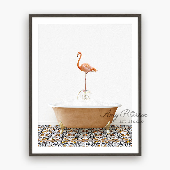 a pink flamingo standing on top of a bathtub