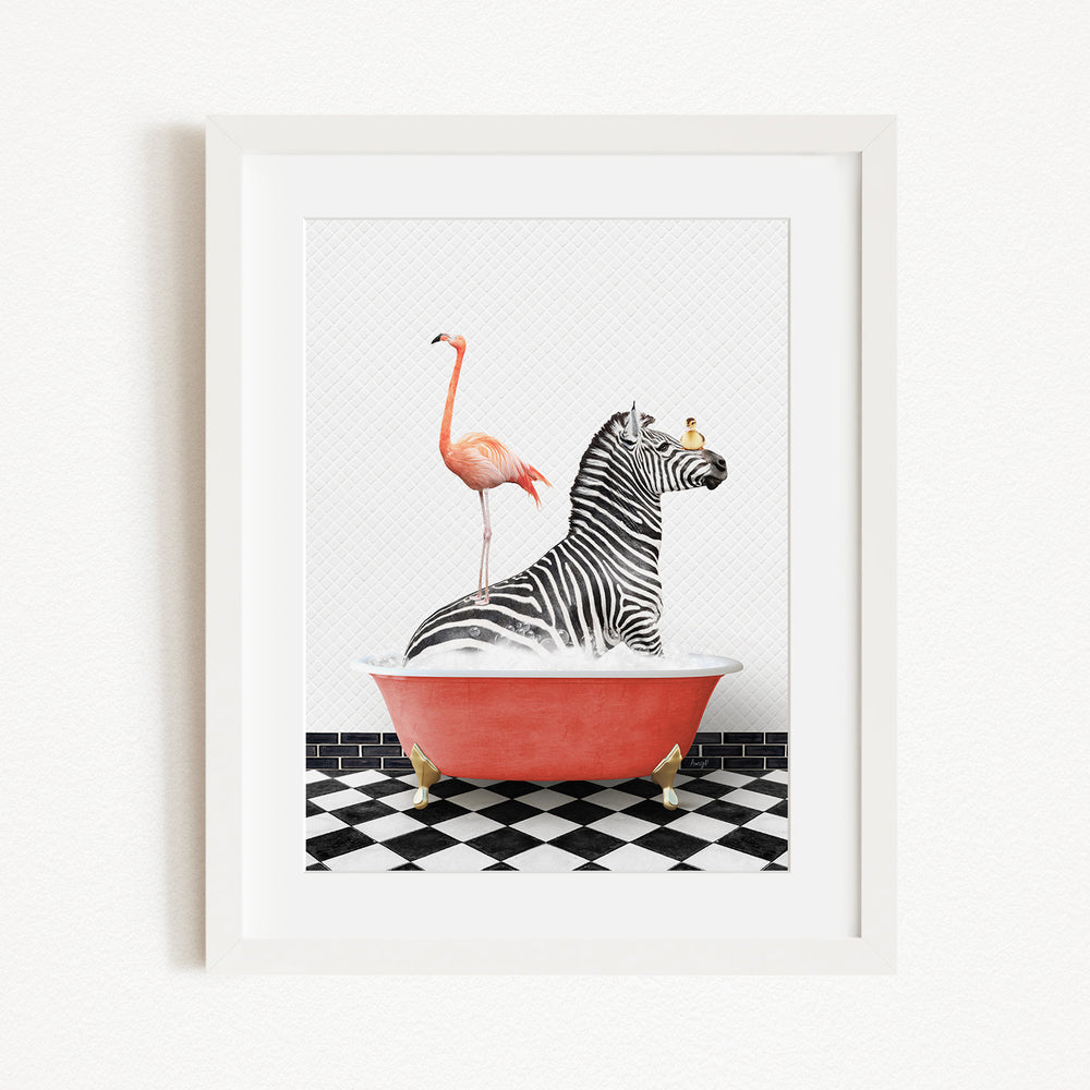 A framed image depicting a zebra sitting in a red bathtub, with a flamingo standing on its back and a bird perched on its head.