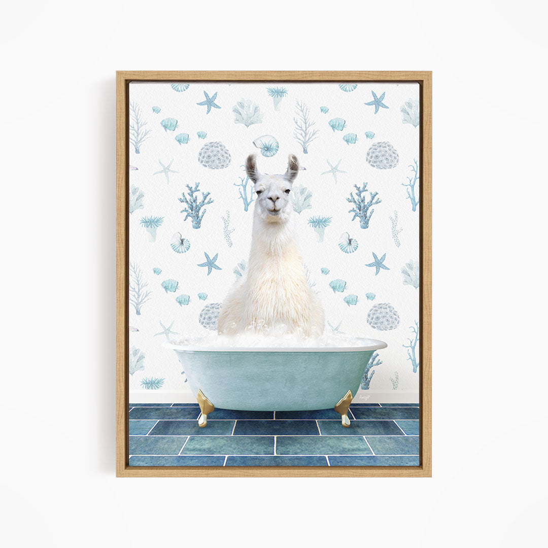 A white llama sitting in a blue bathtub filled with bubbles, surrounded by a pattern of blue and white seashells and starfish.