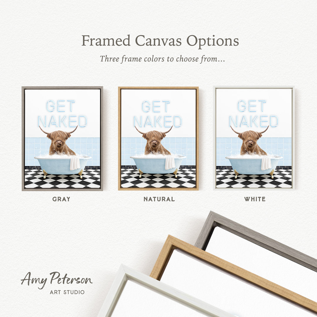 three framed canvas options featuring a cow bathtub with a dog inside. The options include a gray, a natural, and a white frame.