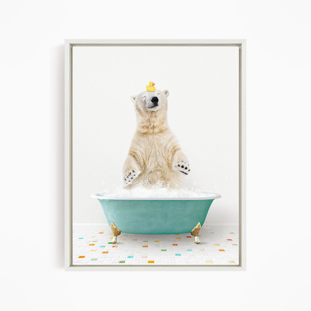 A polar bear standing in a green bathtub filled with bubbles, with a rubber duck perched on its head.