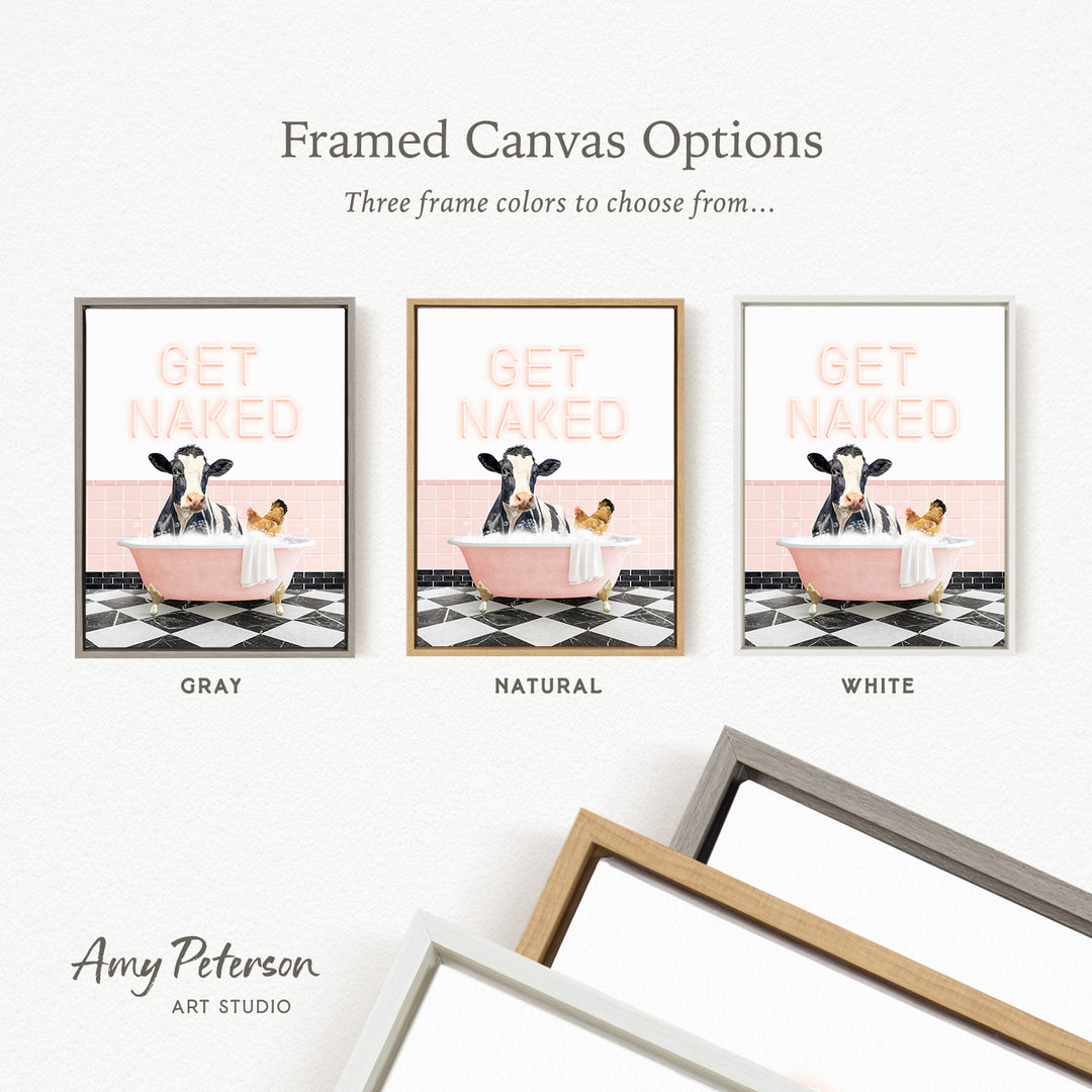 three framed canvas options featuring a cow in a bathtub, with different frame colors to choose from.