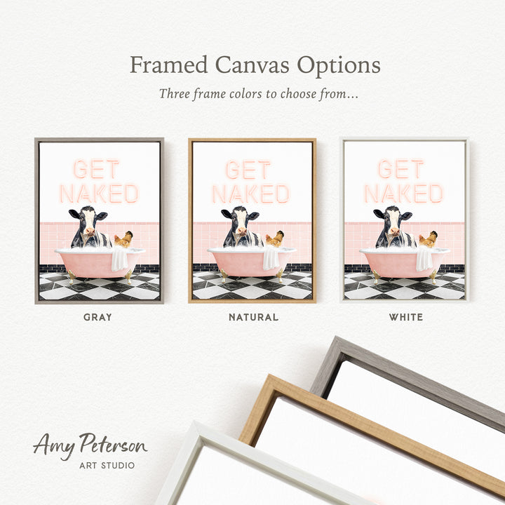 three framed canvas options featuring a cow in a bathtub, with different frame colors to choose from.