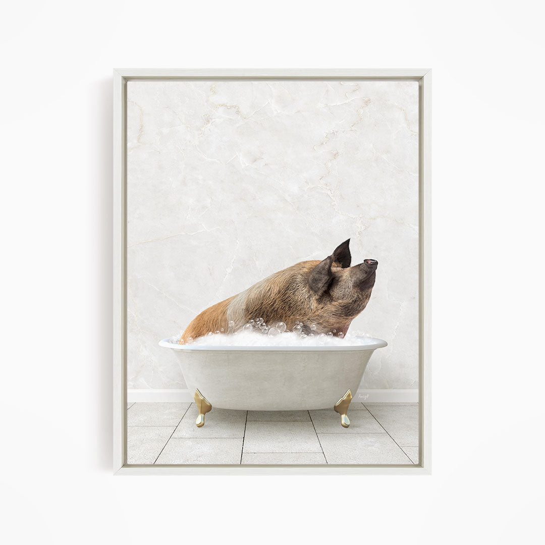 A brown dog is sitting in a white bathtub filled with water, looking up at the camera.
