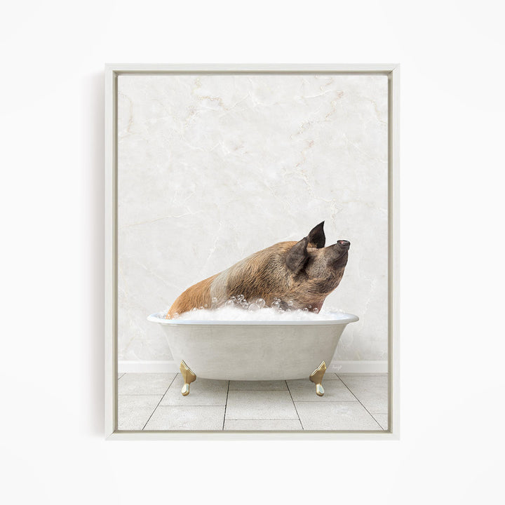 A brown dog is sitting in a white bathtub filled with water, looking up at the camera.
