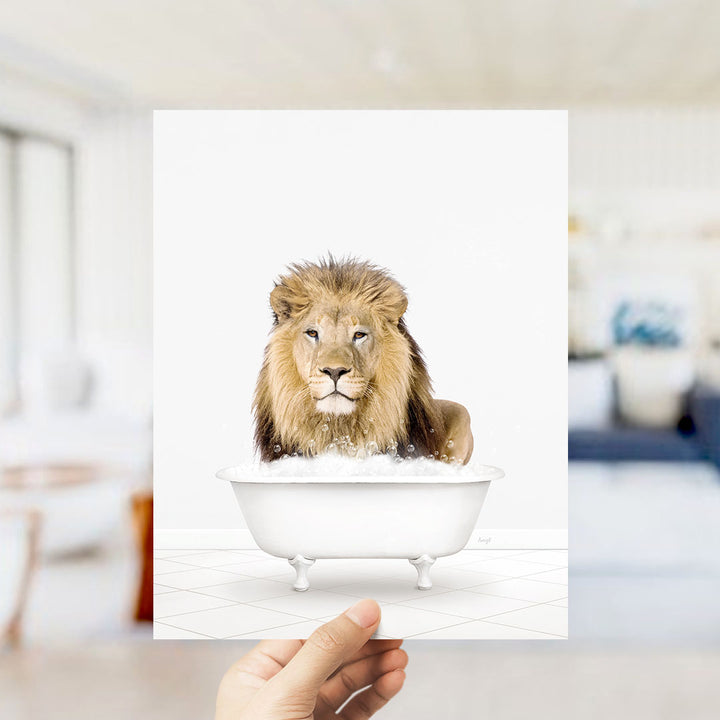 A lion sitting in a bathtub filled with water, as if enjoying a relaxing bath.
