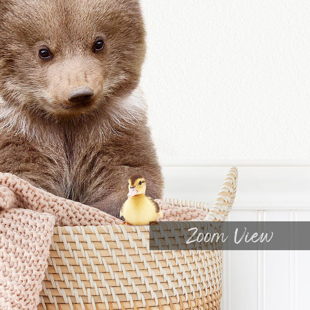 A brown bear sits in a woven basket, with a small yellow duck perched on its left side.