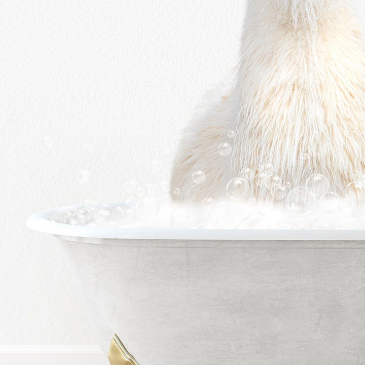 a polar bear sitting in a bathtub with bubbles