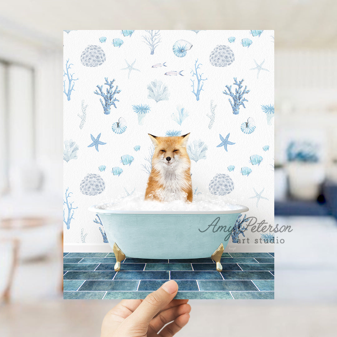 a person holding up a card with a picture of a dog in a bathtub