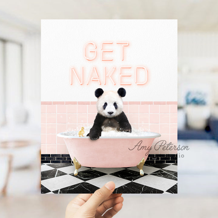 a person holding up a card with a panda in a bathtub