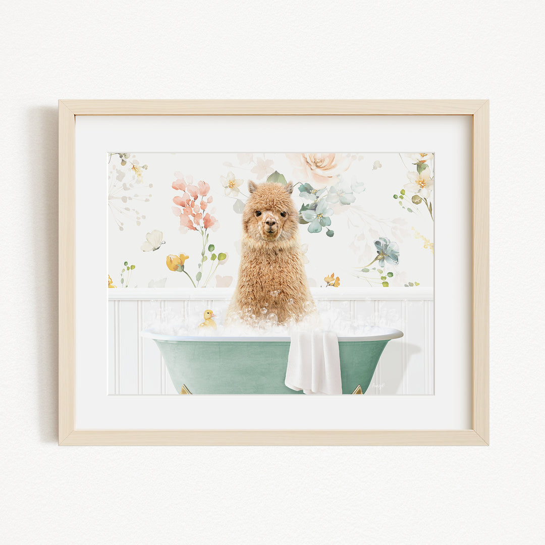 A fluffy brown dog is sitting in a green bathtub filled with bubbles, surrounded by a floral background.