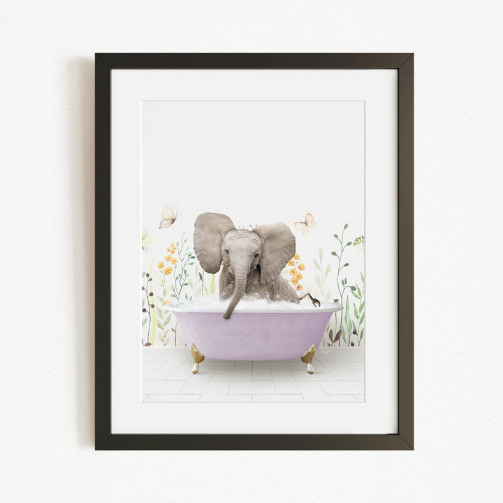 A gray elephant is sitting in a purple bathtub filled with bubbles, surrounded by flowers and butterflies.