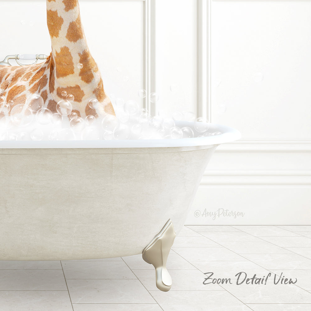 A giraffe standing in a bathtub filled with bubbles, with a white wall and tiled floor in the background.