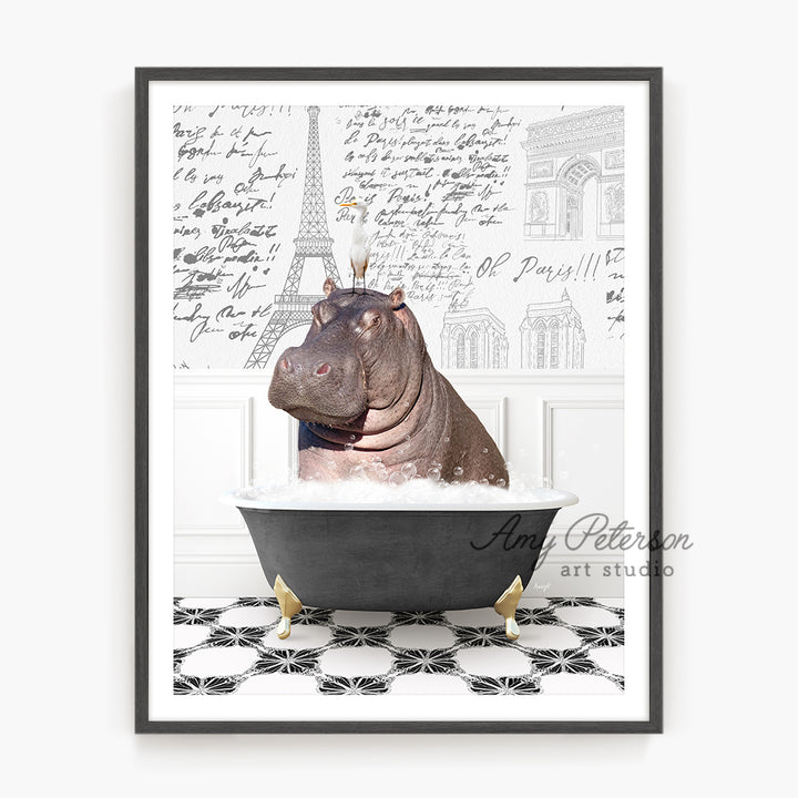 a hippo in a bathtub with a hat on its head