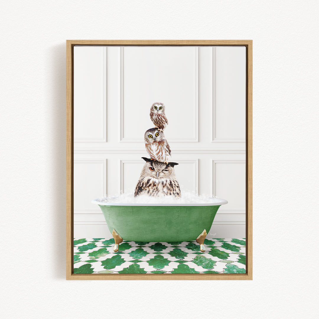 A framed image depicting three owls sitting in a green bathtub filled with water, with a patterned green and white floor beneath.
