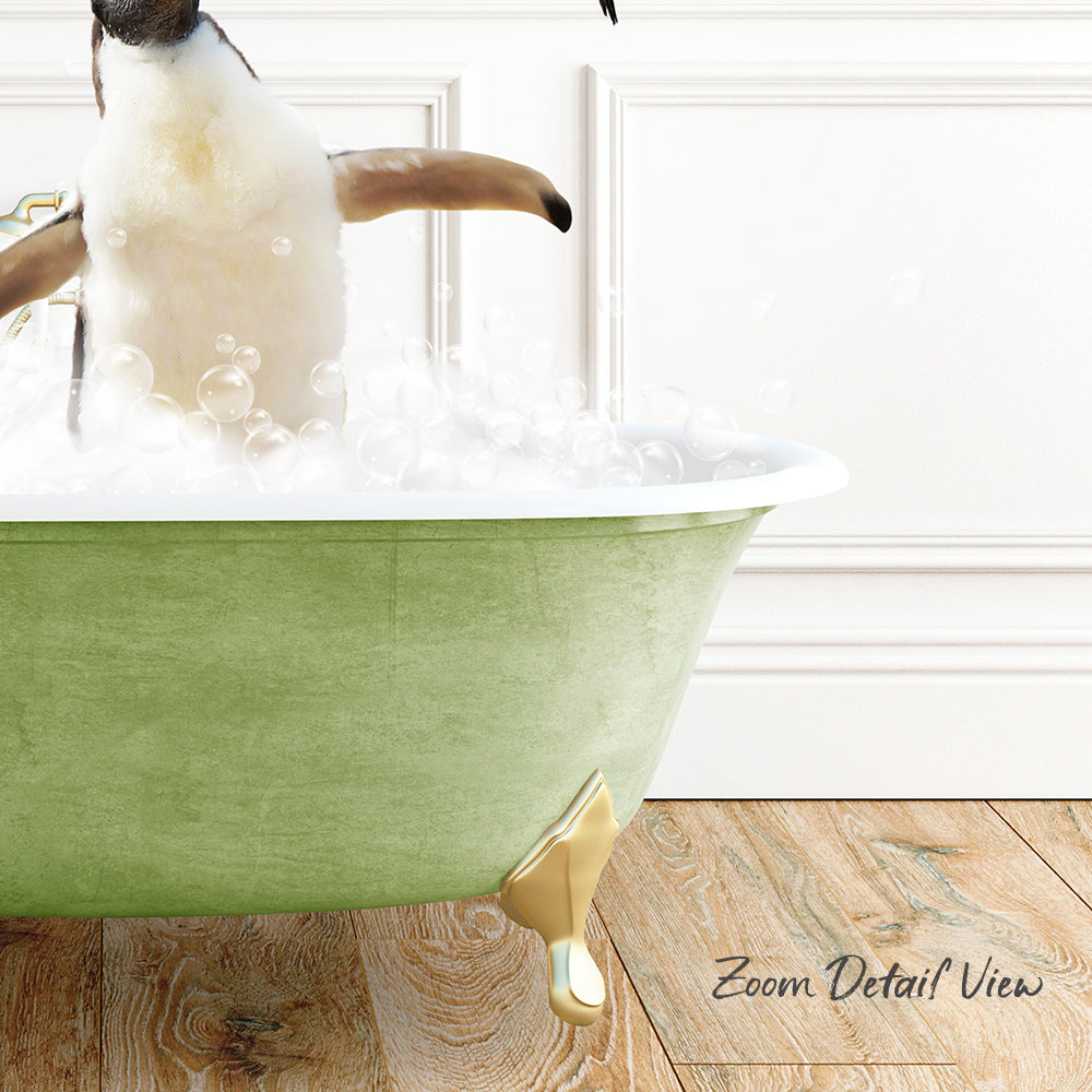 A penguin standing in a green bathtub filled with bubbles, with a wooden floor visible in the background.