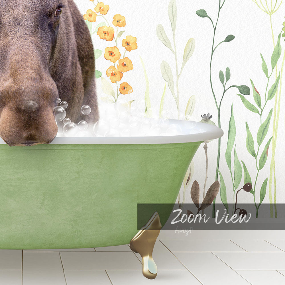 A close-up of a dog's face peeking out from a green bathtub filled with bubbles, with a floral wallpaper in the background.