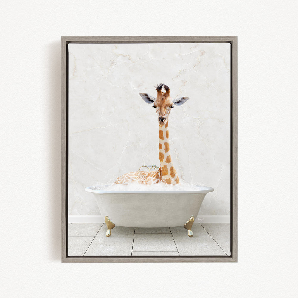 A giraffe sitting in a white bathtub filled with water, appearing to enjoy the bath.