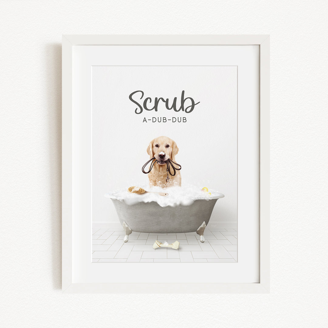 A golden retriever dog sitting in a bathtub filled with bubbles, holding a leash in its mouth.