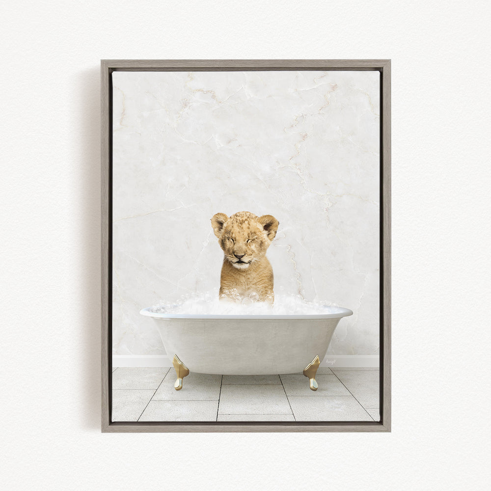 A young lion cub sitting in a white bathtub filled with water, looking up at the camera.
