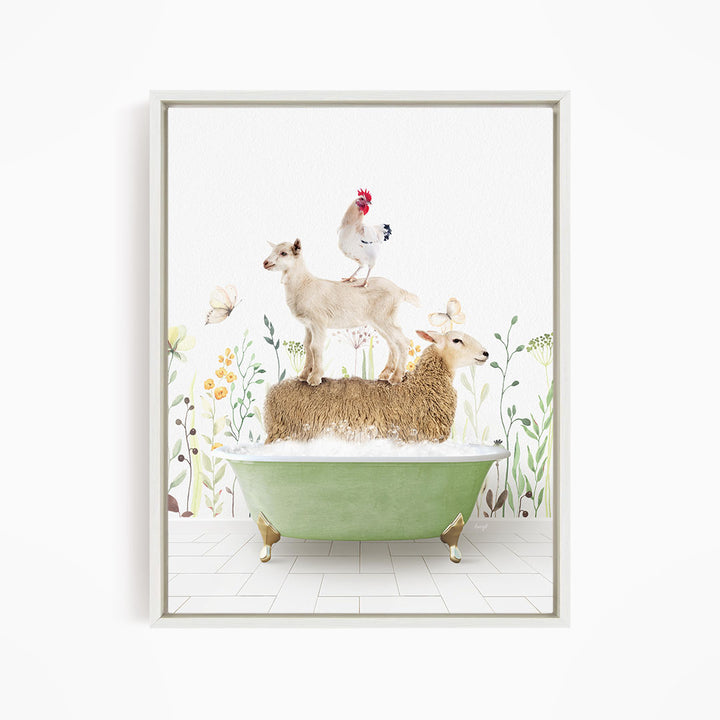 A framed image depicting a sheep standing on a green bathtub, with a chicken perched on top of it, and a lamb sitting on the tub's edge.