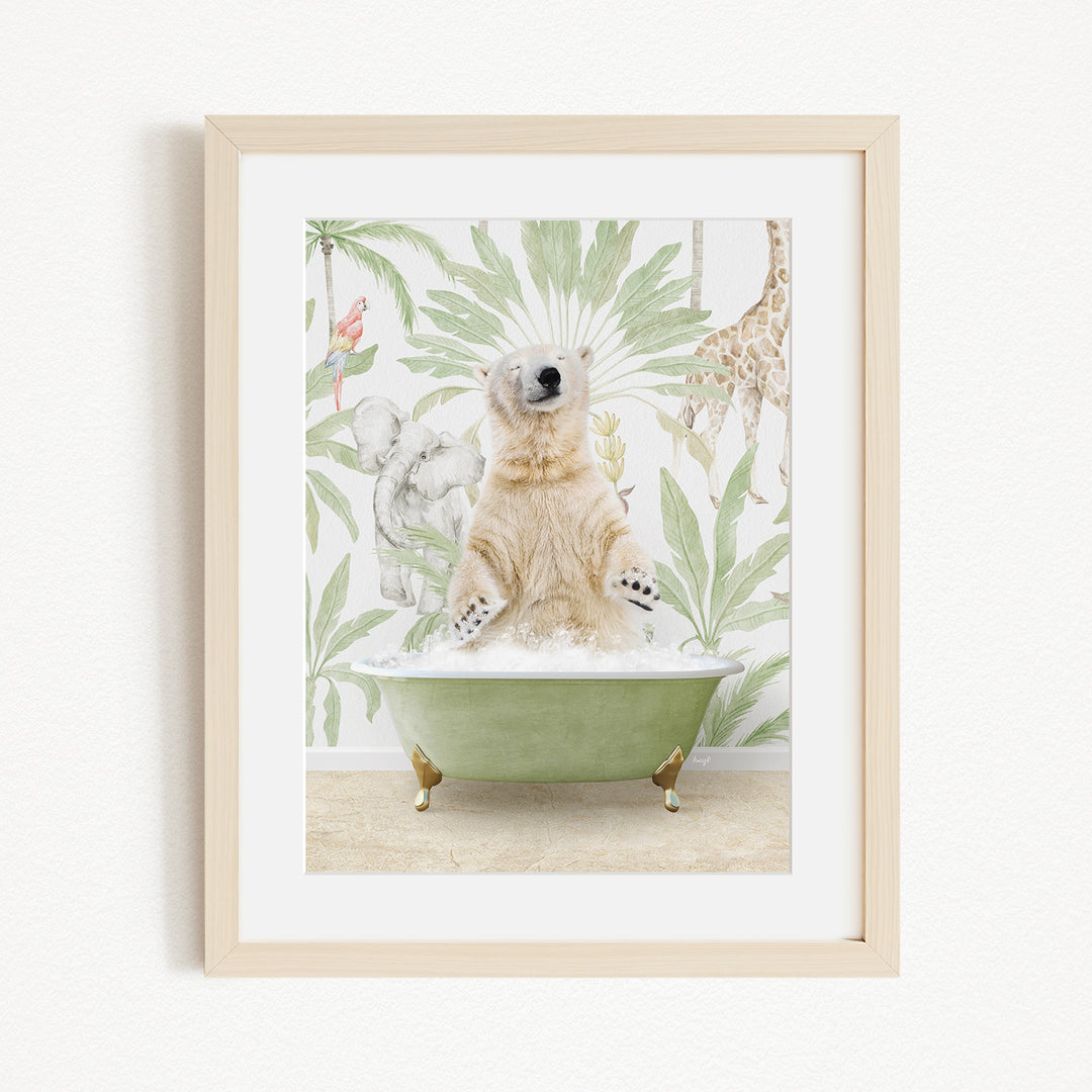 A polar bear is sitting in a green bathtub, surrounded by various animals such as a giraffe and a monkey, against a backdrop of tropical foliage.