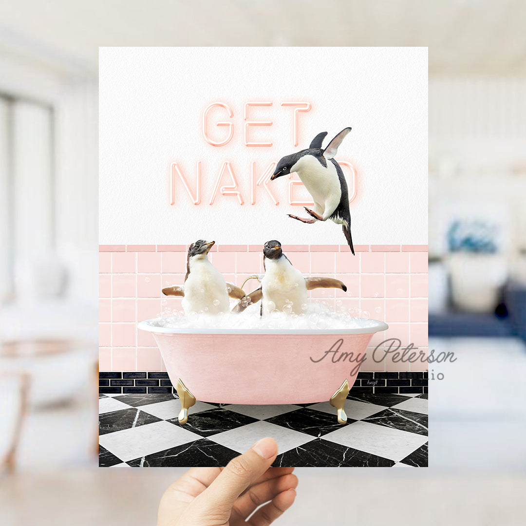 a person holding up a card with penguins in a bathtub