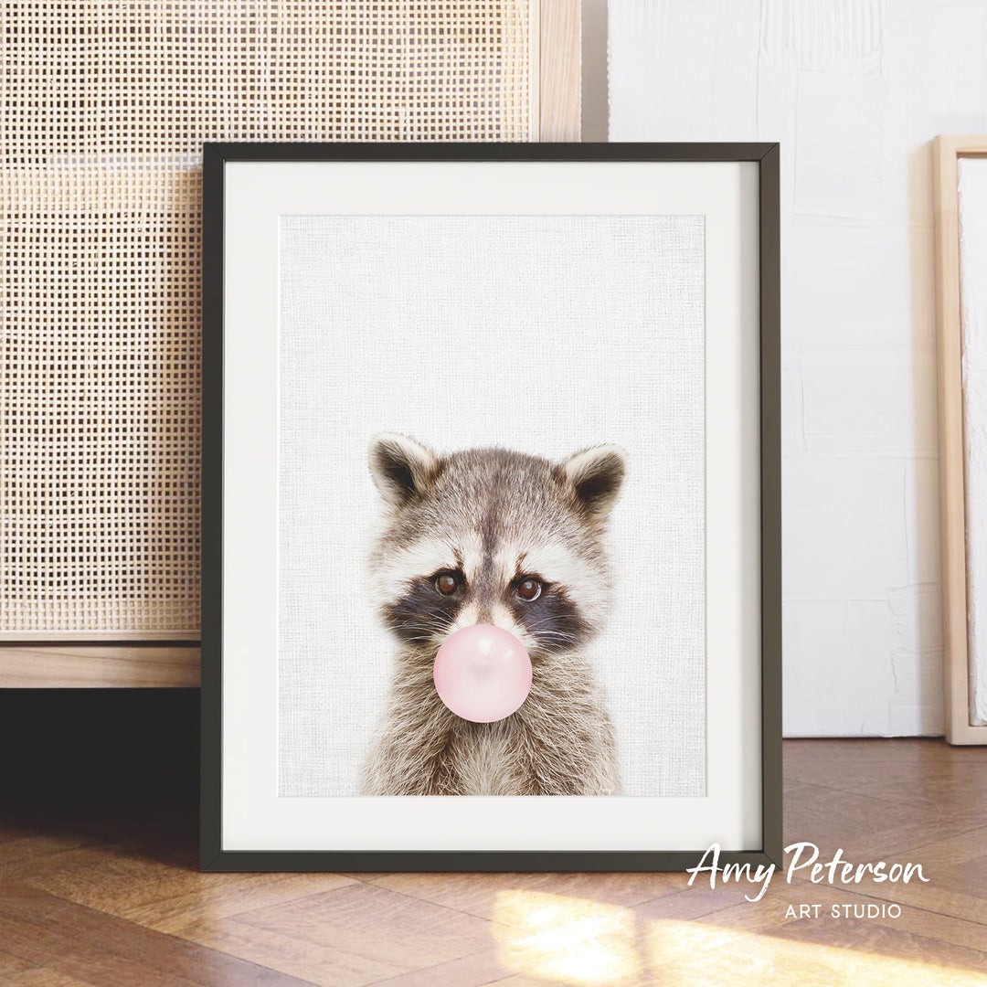A raccoon blowing a bubble with a pink bubble gum bubblegum bubble.